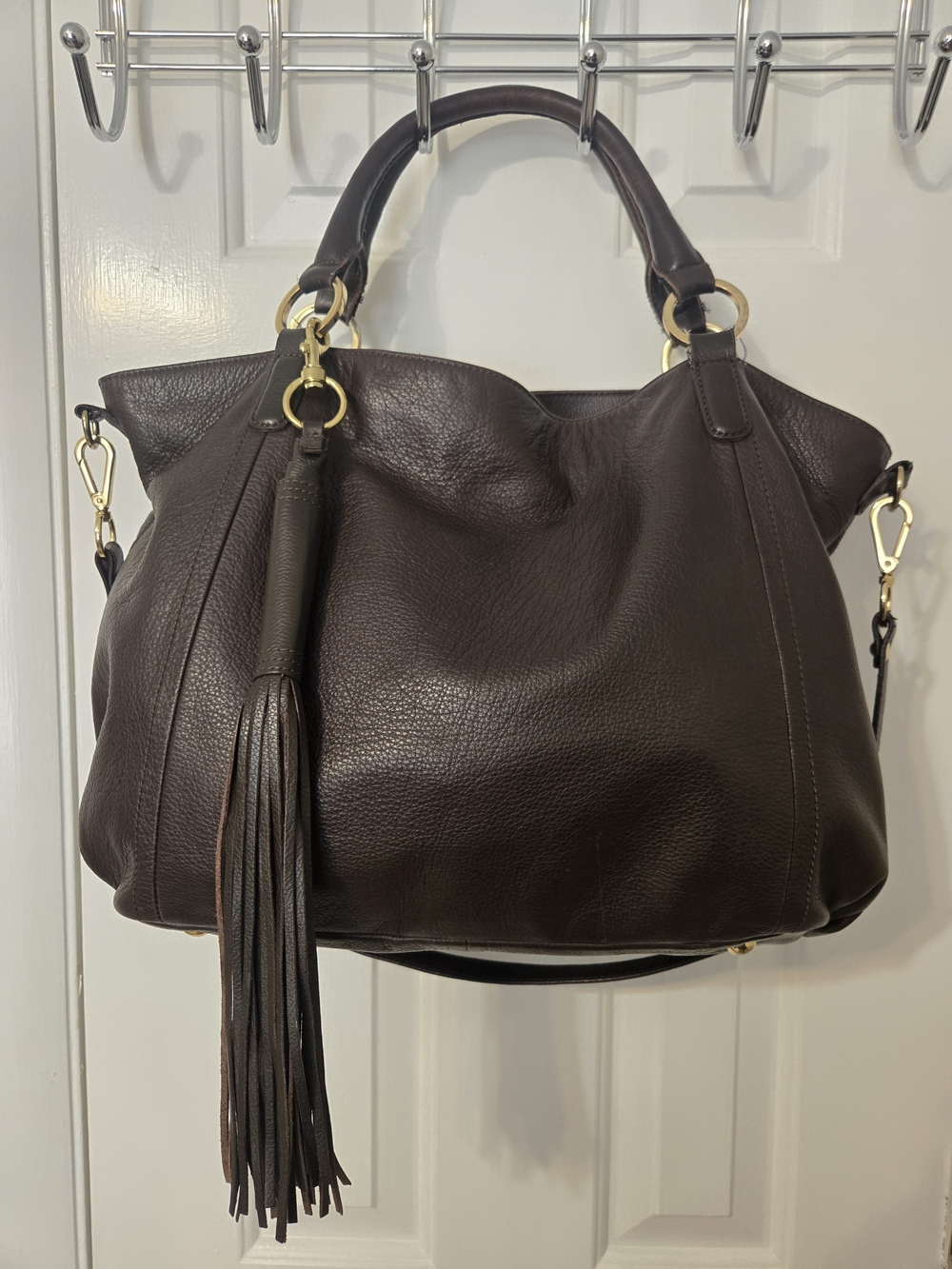 G.I.L.I. Genuine Leather Brown Satchel Tote Handbag w/ Tassel & Shoulder Strap